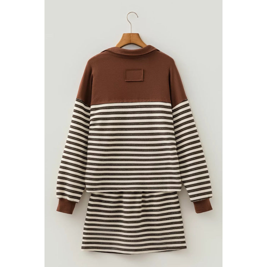 Stripe Contrast Trim Button Neck Long Sleeve Top Drawstring Mini Skirt Set Apparel and Accessories