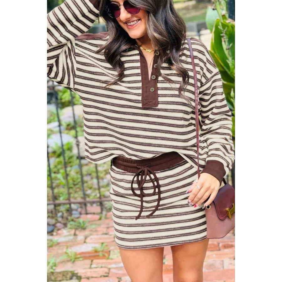 Stripe Contrast Trim Button Neck Long Sleeve Top Drawstring Mini Skirt Set Apparel and Accessories
