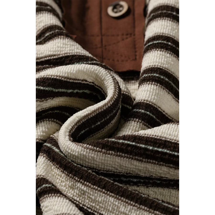 Stripe Contrast Trim Button Neck Long Sleeve Top Drawstring Mini Skirt Set Apparel and Accessories