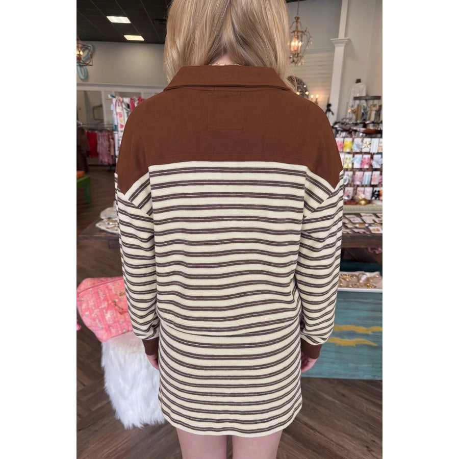 Stripe Contrast Trim Button Neck Long Sleeve Top Drawstring Mini Skirt Set Apparel and Accessories