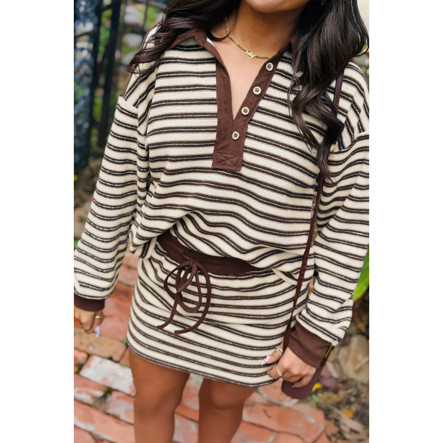 Stripe Contrast Trim Button Neck Long Sleeve Top Drawstring Mini Skirt Set Coffee Brown / S Apparel and Accessories