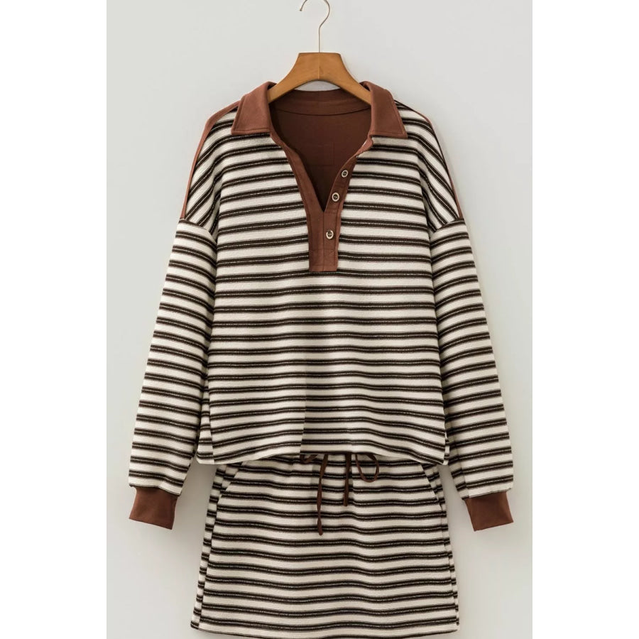 Stripe Contrast Trim Button Neck Long Sleeve Top Drawstring Mini Skirt Set Apparel and Accessories