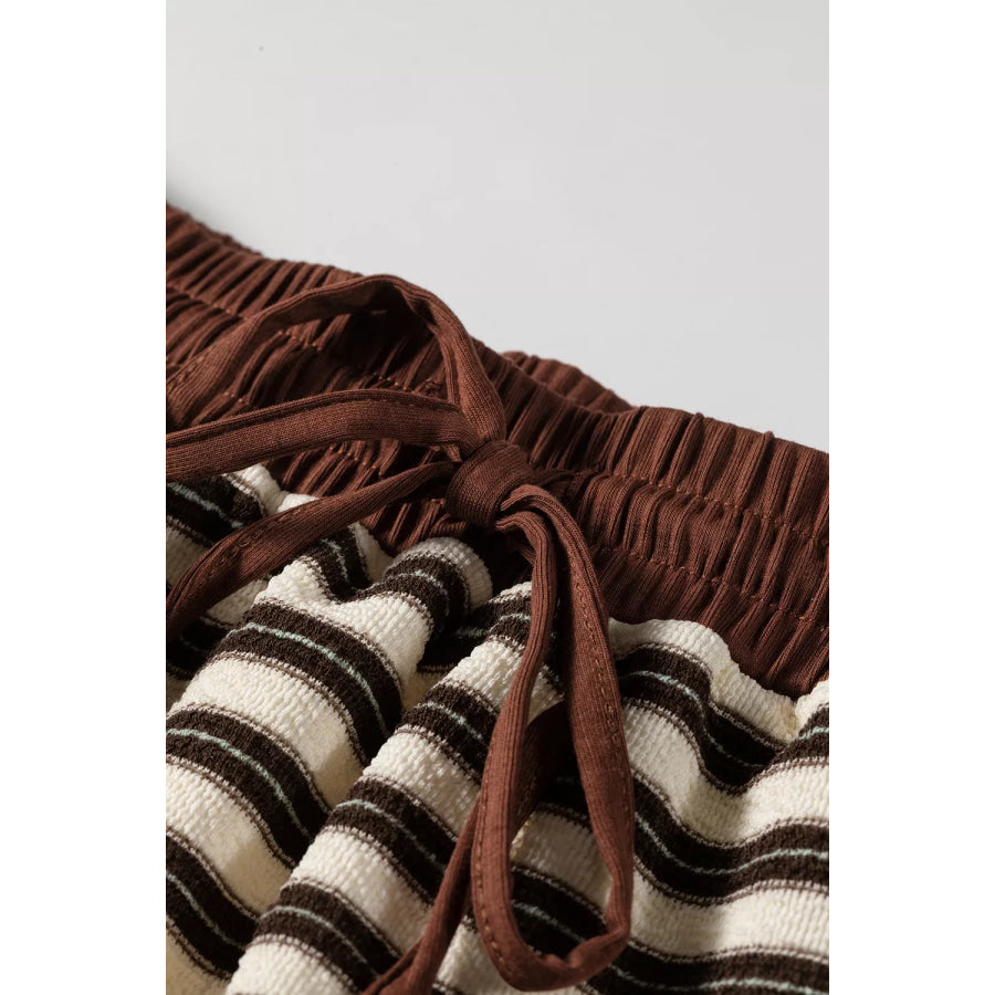 Stripe Contrast Trim Button Neck Long Sleeve Top Drawstring Mini Skirt Set Apparel and Accessories