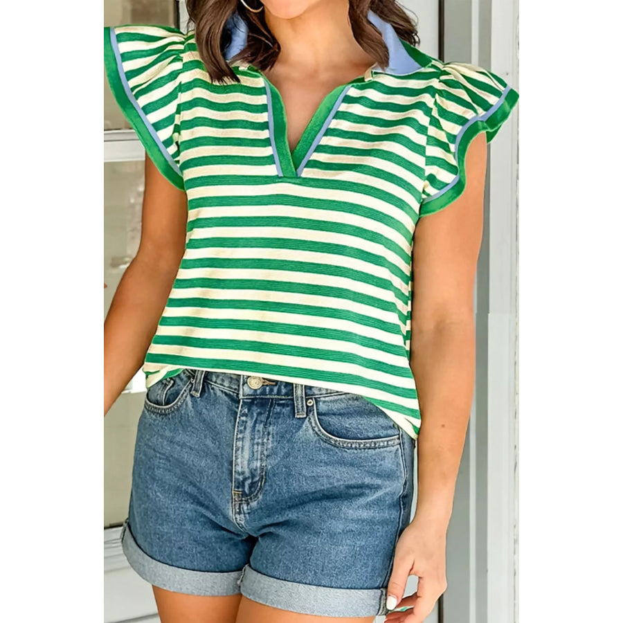 Stripe Contrast Trim Polo Collar Ruffled Short Sleeve Blouse Green / S Apparel and Accessories