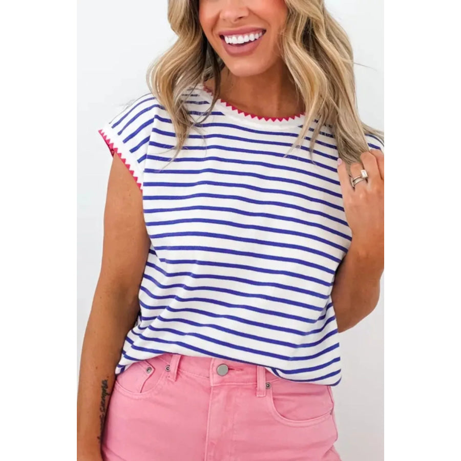 Stripe Contrast Trim Round Neck Cap Sleeve Tee Apparel and Accessories