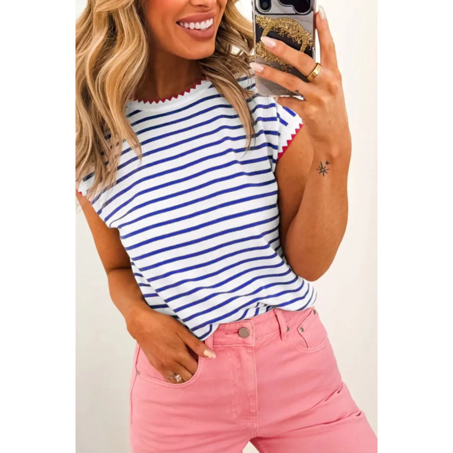 Stripe Contrast Trim Round Neck Cap Sleeve Tee Apparel and Accessories