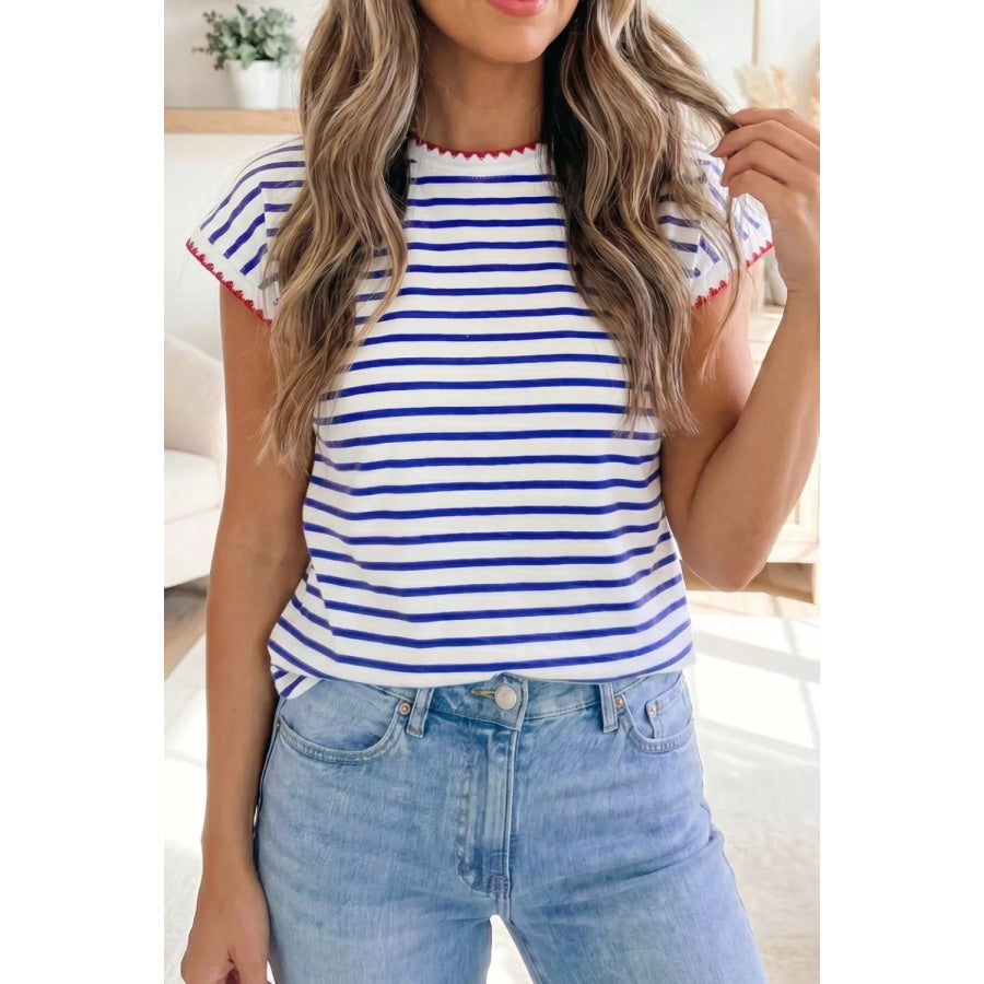 Stripe Contrast Trim Round Neck Cap Sleeve Tee Apparel and Accessories