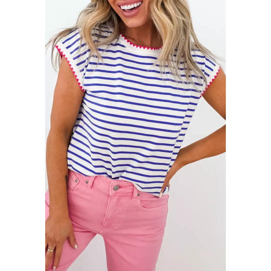 Stripe Contrast Trim Round Neck Cap Sleeve Tee Stripe / S Apparel and Accessories