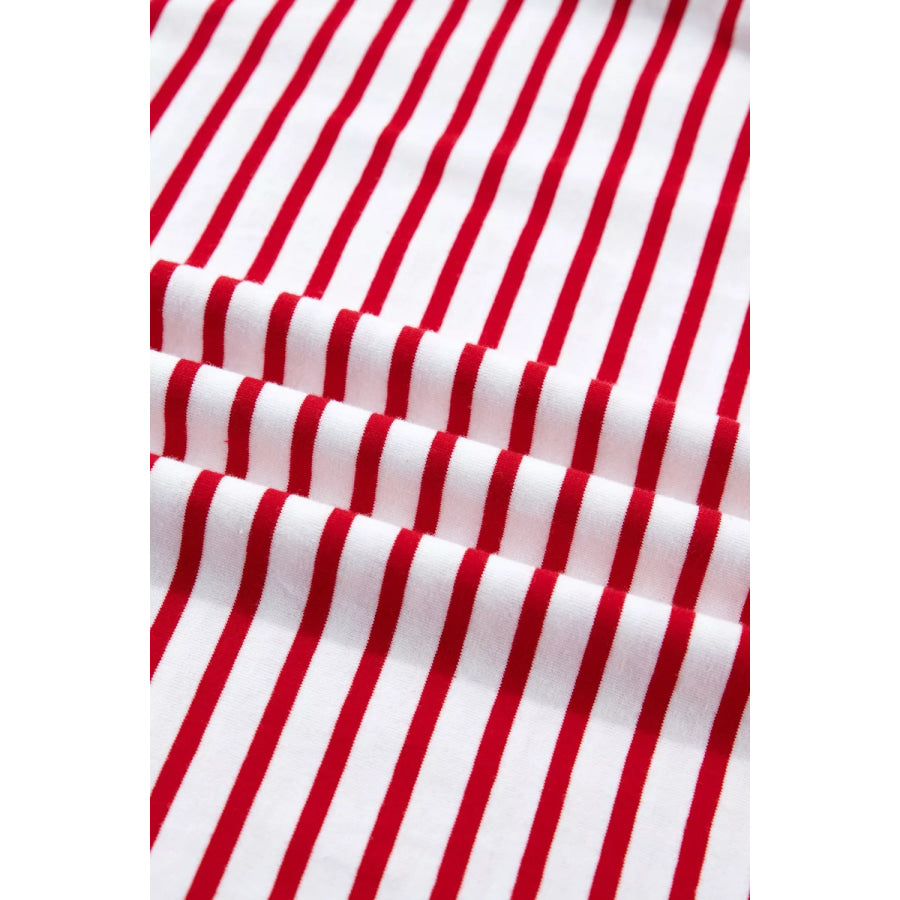 Stripe Contrast Trim Round Neck Short Puff Sleeve T Shirt Apparel and Accessories