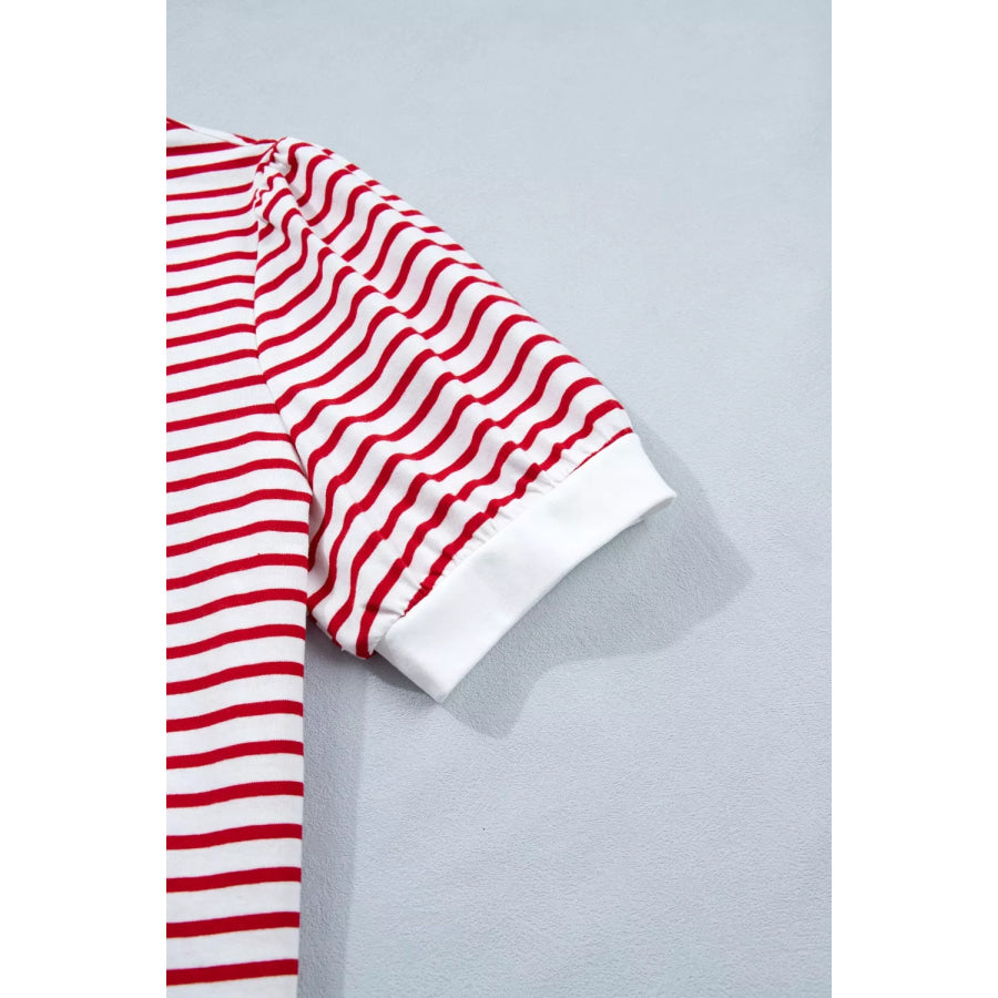 Stripe Contrast Trim Round Neck Short Puff Sleeve T Shirt Apparel and Accessories