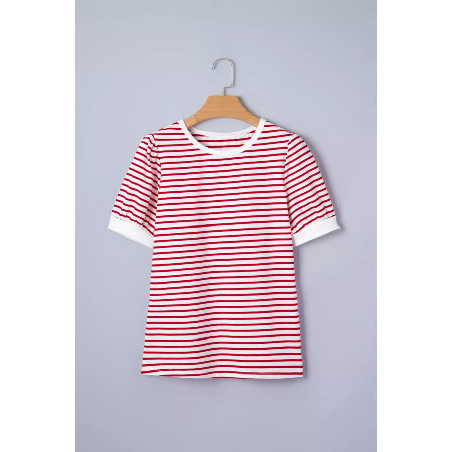 Stripe Contrast Trim Round Neck Short Puff Sleeve T Shirt Apparel and Accessories