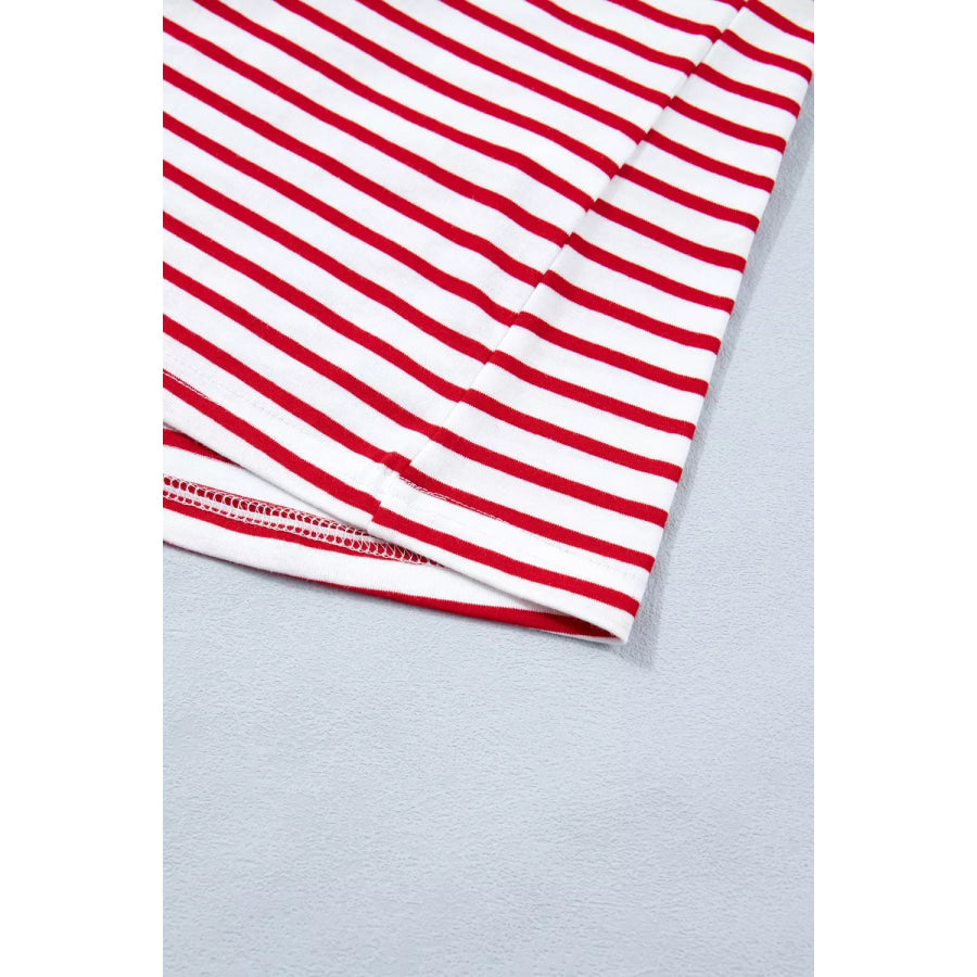 Stripe Contrast Trim Round Neck Short Puff Sleeve T Shirt Apparel and Accessories