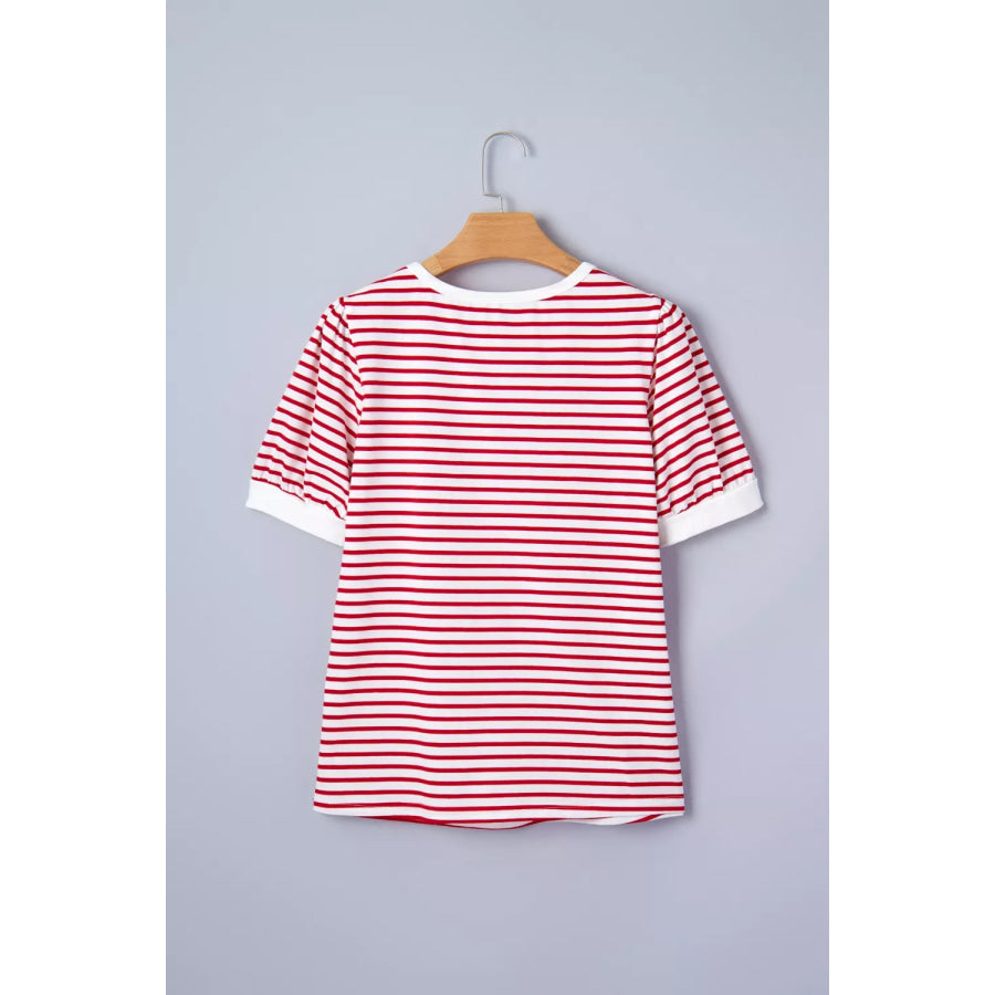 Stripe Contrast Trim Round Neck Short Puff Sleeve T Shirt Apparel and Accessories