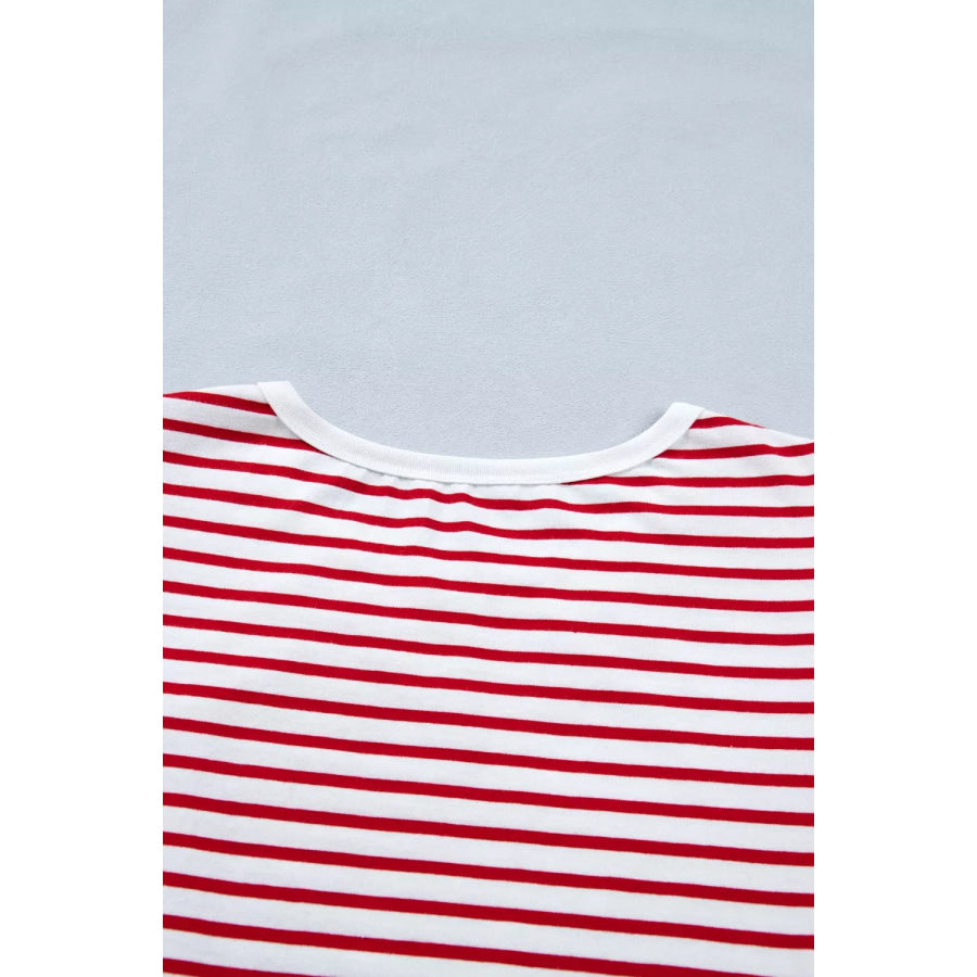 Stripe Contrast Trim Round Neck Short Puff Sleeve T Shirt Apparel and Accessories