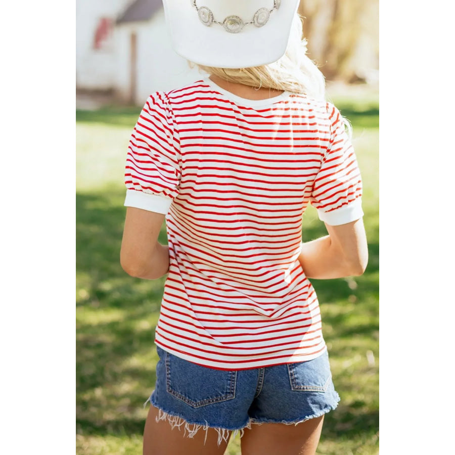 Stripe Contrast Trim Round Neck Short Puff Sleeve T Shirt Apparel and Accessories