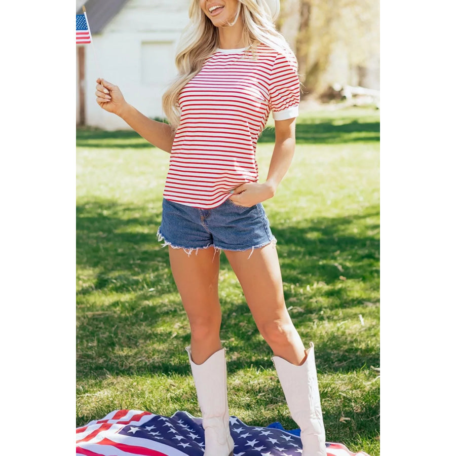 Stripe Contrast Trim Round Neck Short Puff Sleeve T Shirt Apparel and Accessories