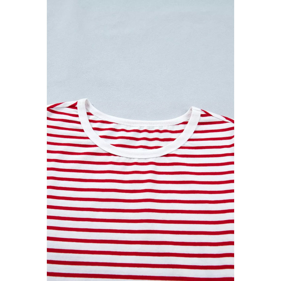 Stripe Contrast Trim Round Neck Short Puff Sleeve T Shirt Apparel and Accessories