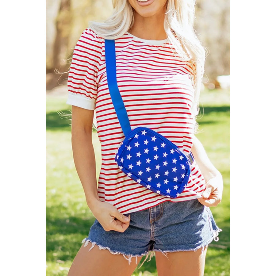 Stripe Contrast Trim Round Neck Short Puff Sleeve T Shirt Dusty Pink / S Apparel and Accessories