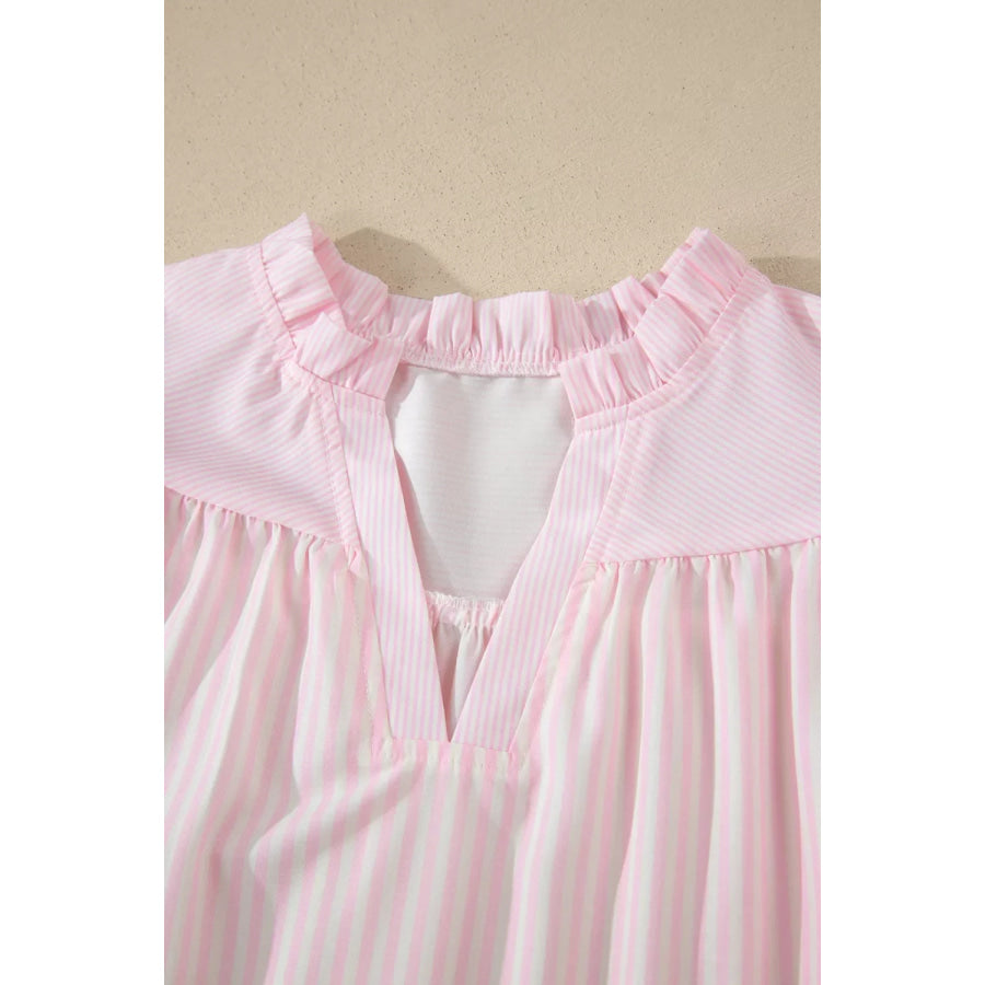 Stripe Contrast Trim V Neck Flutter Sleeve Blouse Apparel and Accessories