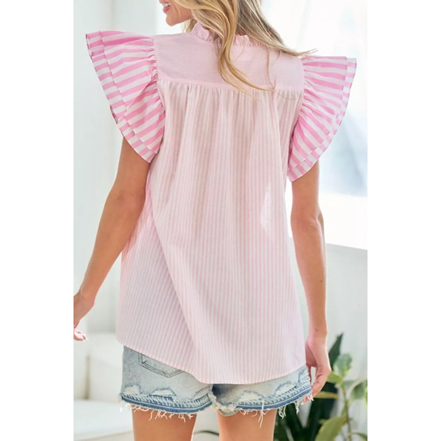 Stripe Contrast Trim V Neck Flutter Sleeve Blouse Apparel and Accessories