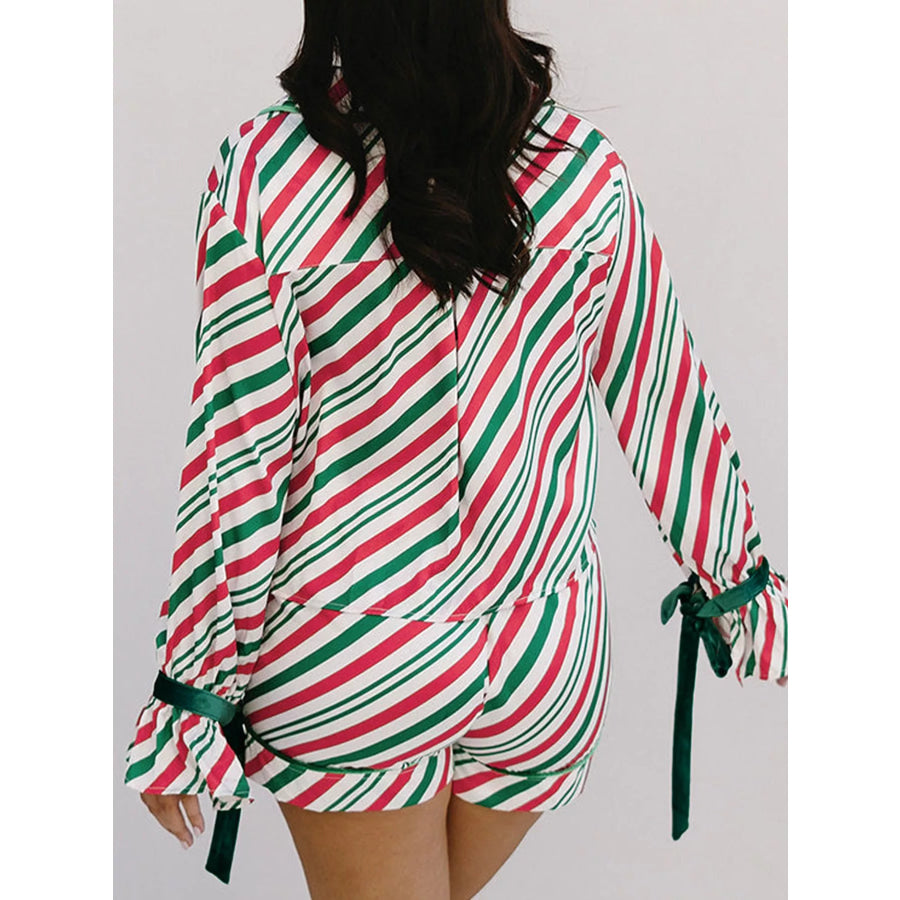 Stripe Contrast Velvet Ribbon Knot Christmas 2pcs Pajama Set Apparel and Accessories