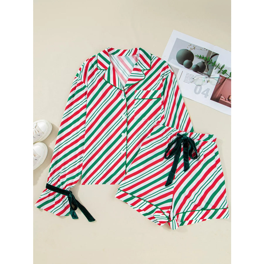 Stripe Contrast Velvet Ribbon Knot Christmas 2pcs Pajama Set Apparel and Accessories