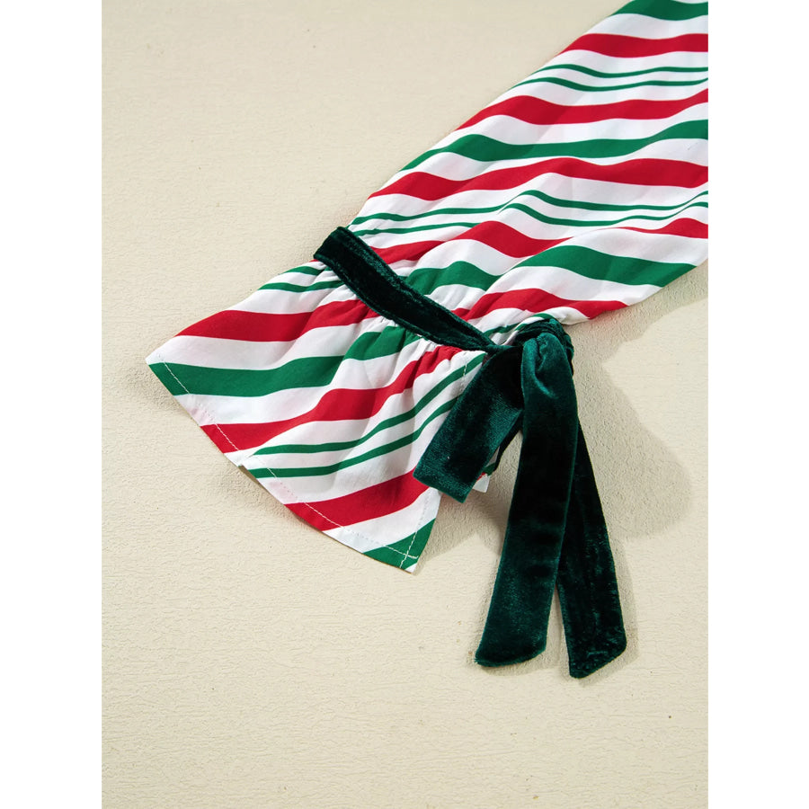 Stripe Contrast Velvet Ribbon Knot Christmas 2pcs Pajama Set Apparel and Accessories