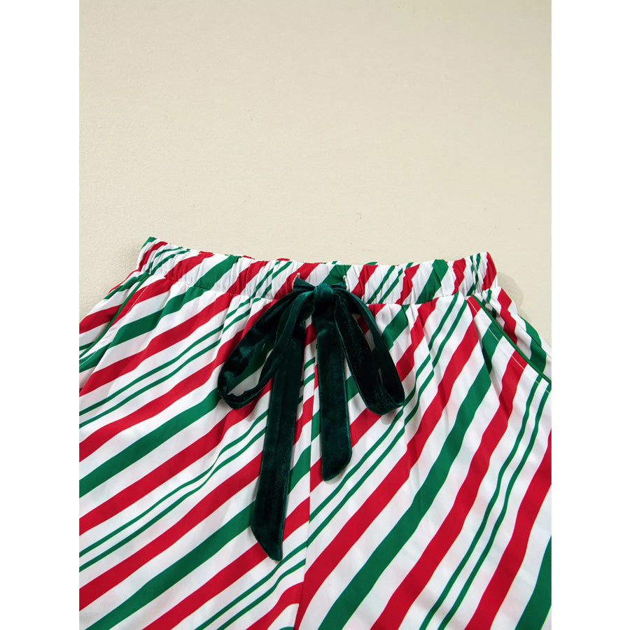 Stripe Contrast Velvet Ribbon Knot Christmas 2pcs Pajama Set Apparel and Accessories