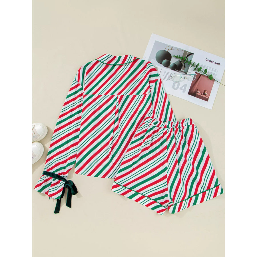 Stripe Contrast Velvet Ribbon Knot Christmas 2pcs Pajama Set Apparel and Accessories