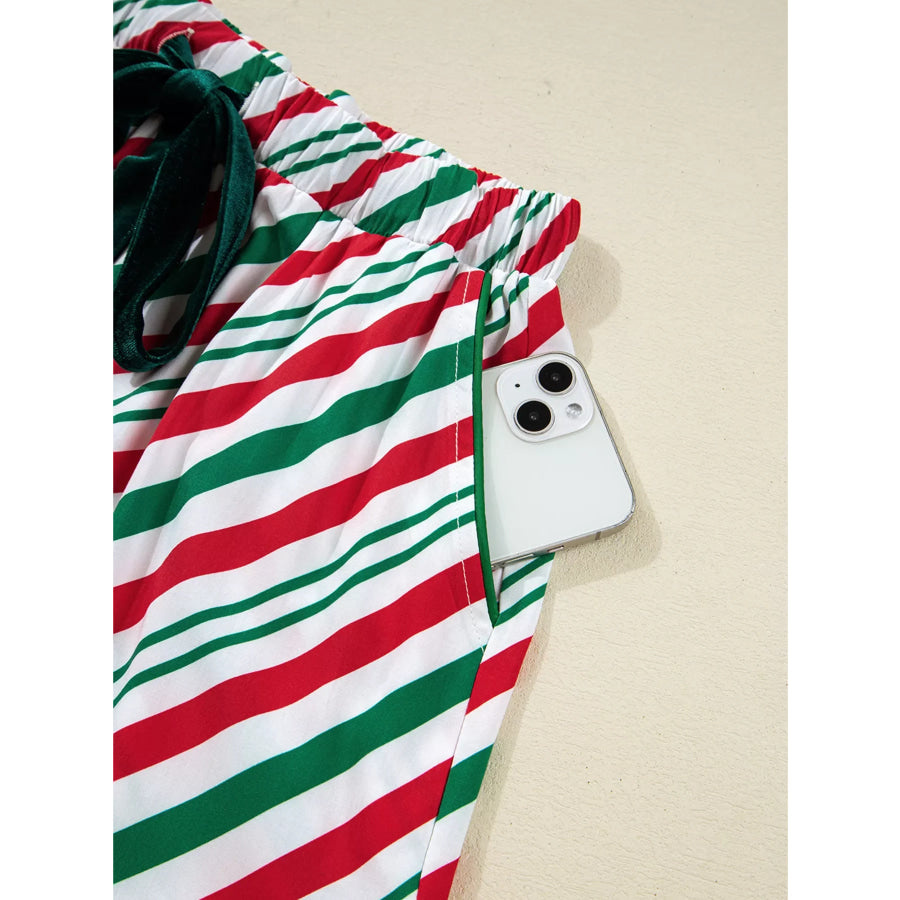 Stripe Contrast Velvet Ribbon Knot Christmas 2pcs Pajama Set Apparel and Accessories