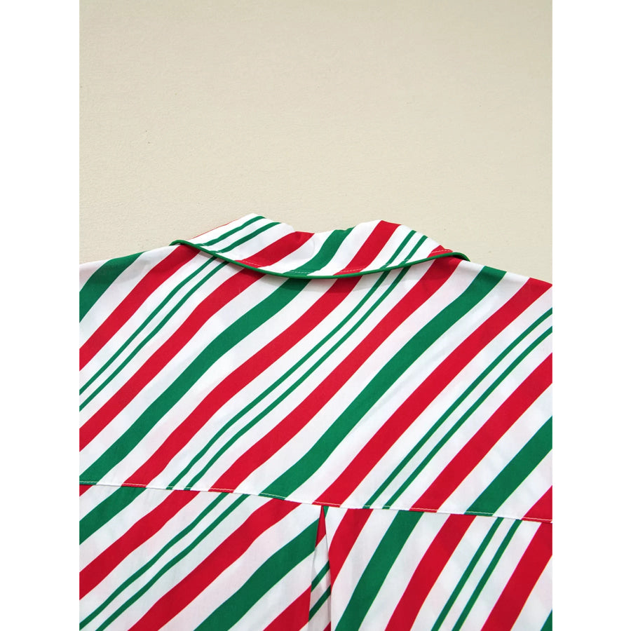 Stripe Contrast Velvet Ribbon Knot Christmas 2pcs Pajama Set Apparel and Accessories