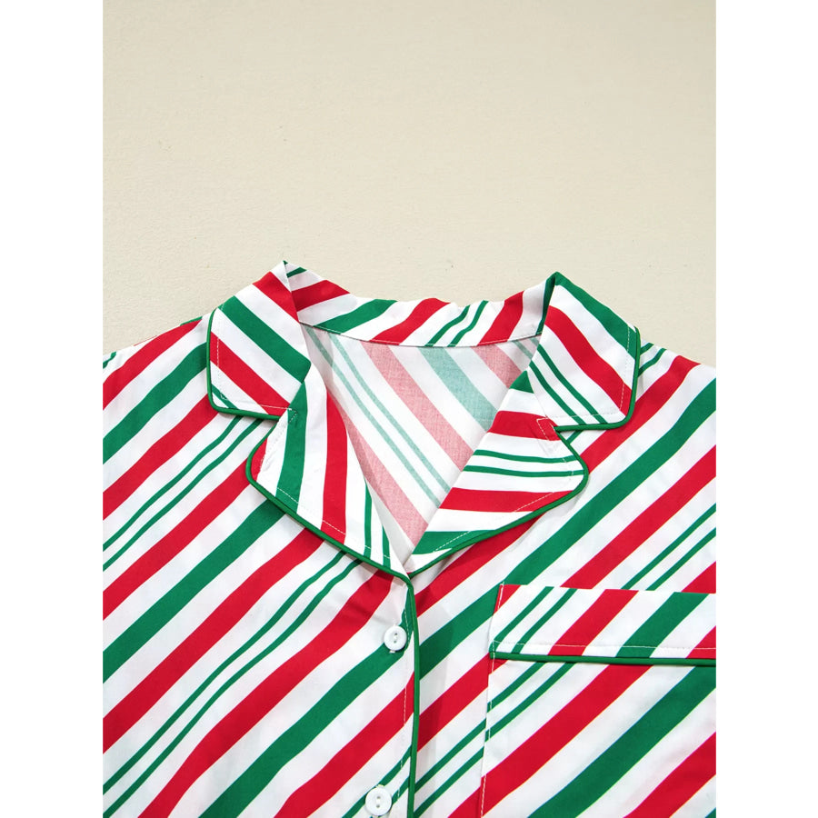 Stripe Contrast Velvet Ribbon Knot Christmas 2pcs Pajama Set Apparel and Accessories