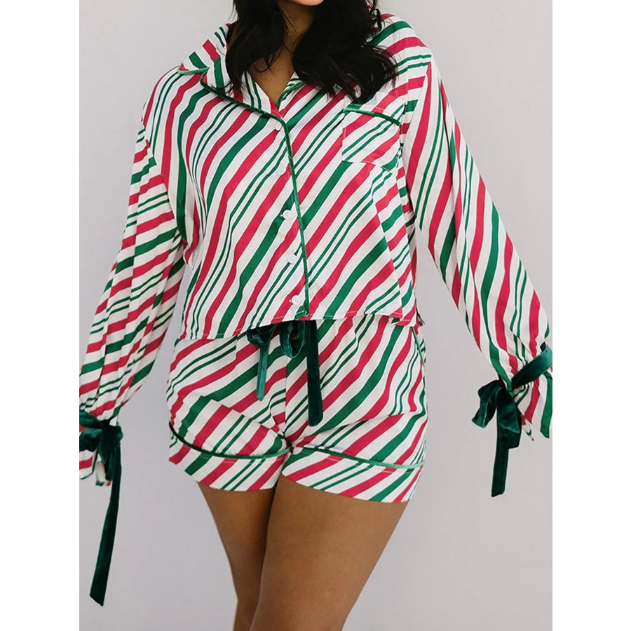 Stripe Contrast Velvet Ribbon Knot Christmas 2pcs Pajama Set Stripe / S Apparel and Accessories