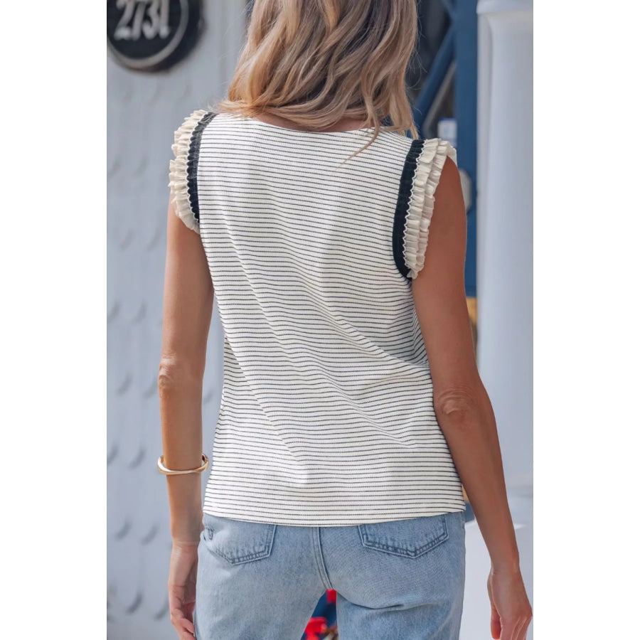 Stripe Contrasted Ruffle Trim Casual Tank Top Apparel and Accessories