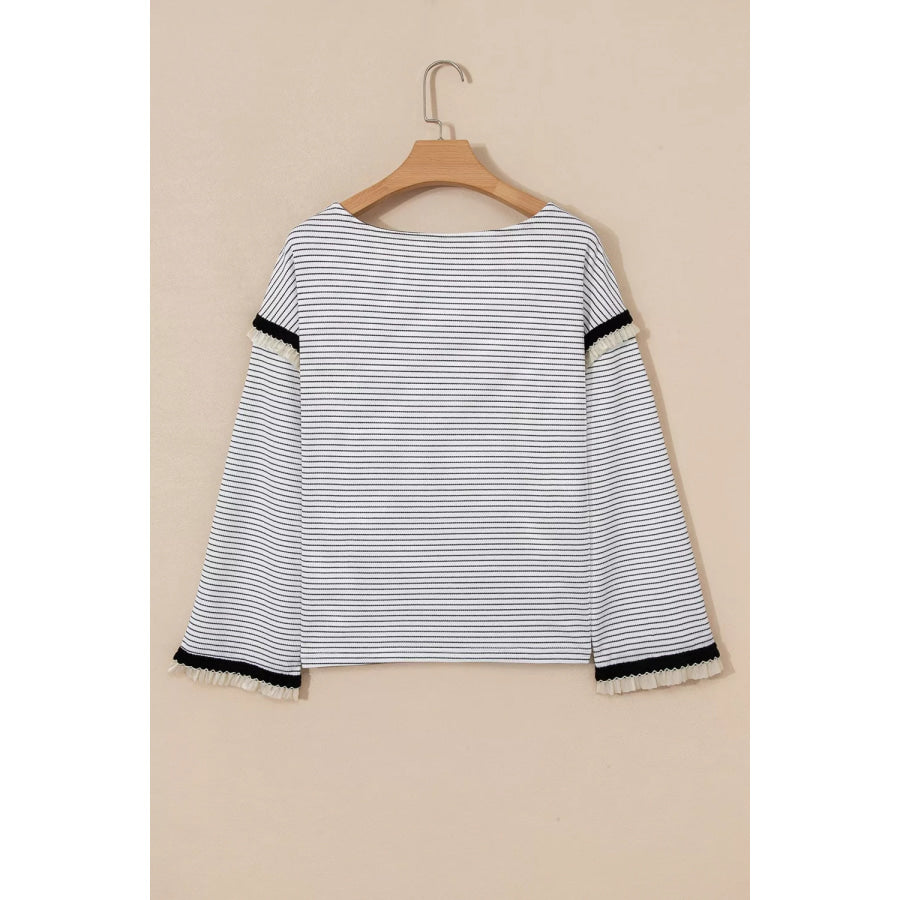 Stripe Contrasted Ruffle Trim Loose Long Sleeve Top Apparel and Accessories
