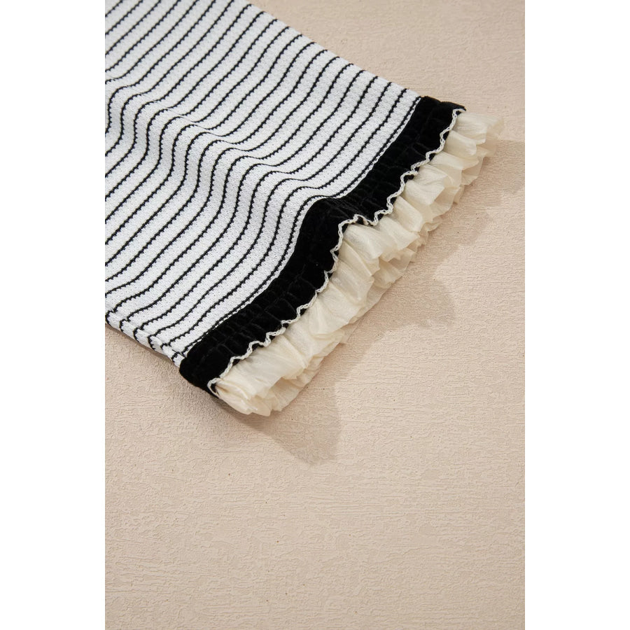 Stripe Contrasted Ruffle Trim Loose Long Sleeve Top Apparel and Accessories