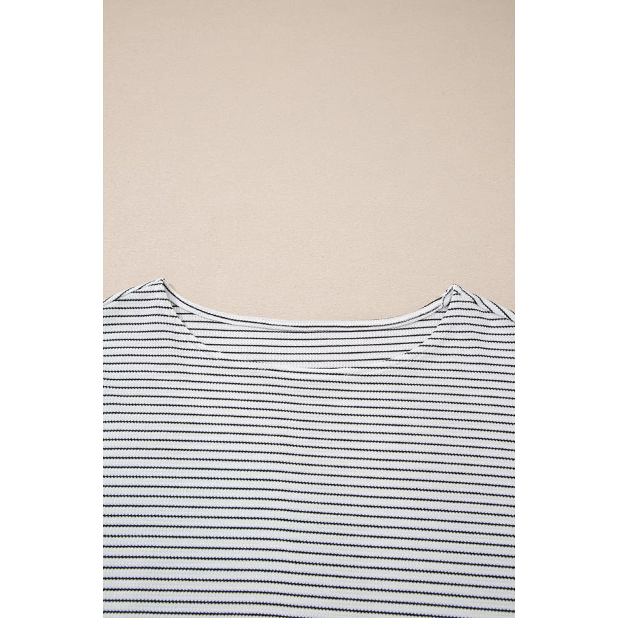 Stripe Contrasted Ruffle Trim Loose Long Sleeve Top Apparel and Accessories