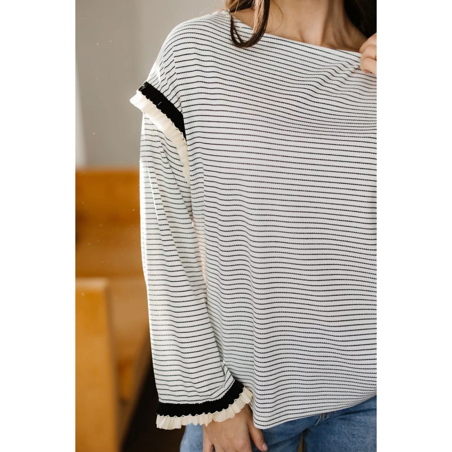 Stripe Contrasted Ruffle Trim Loose Long Sleeve Top Apparel and Accessories