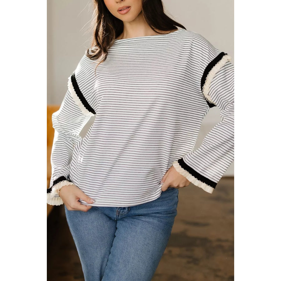 Stripe Contrasted Ruffle Trim Loose Long Sleeve Top Apparel and Accessories