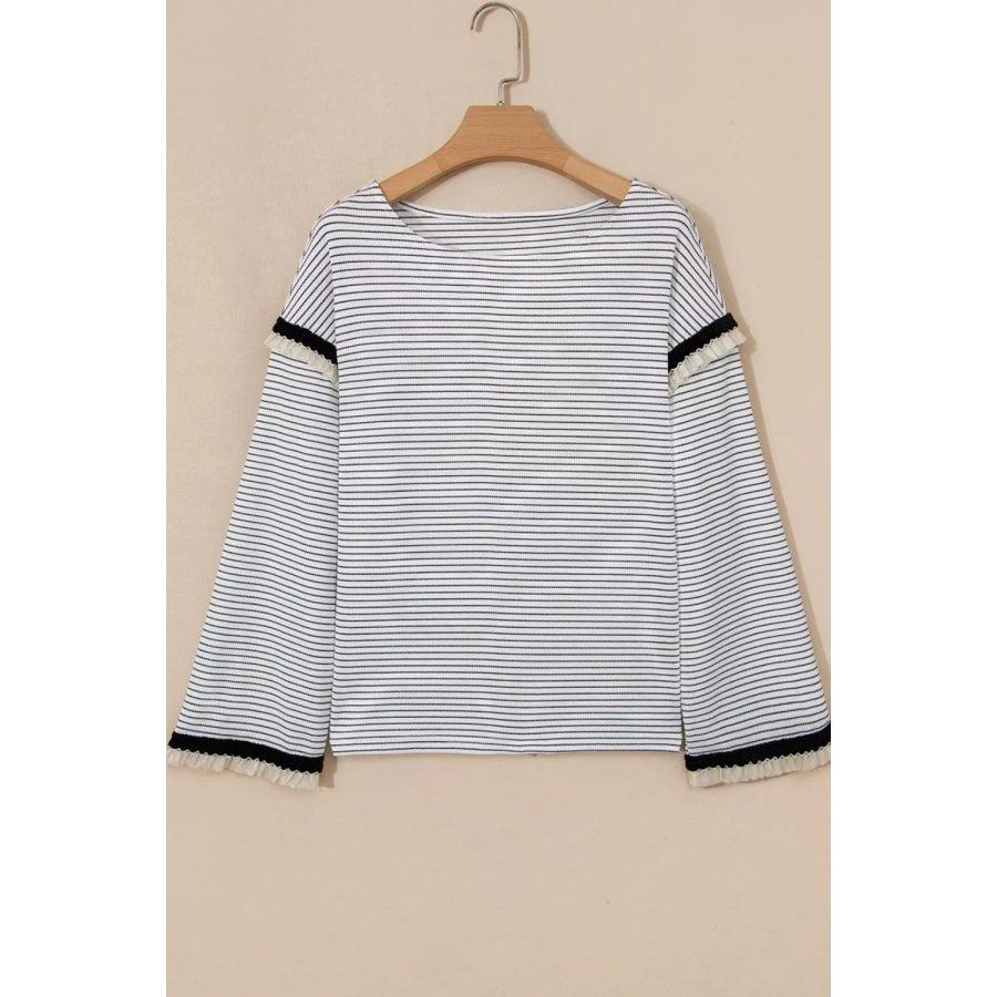 Stripe Contrasted Ruffle Trim Loose Long Sleeve Top Apparel and Accessories
