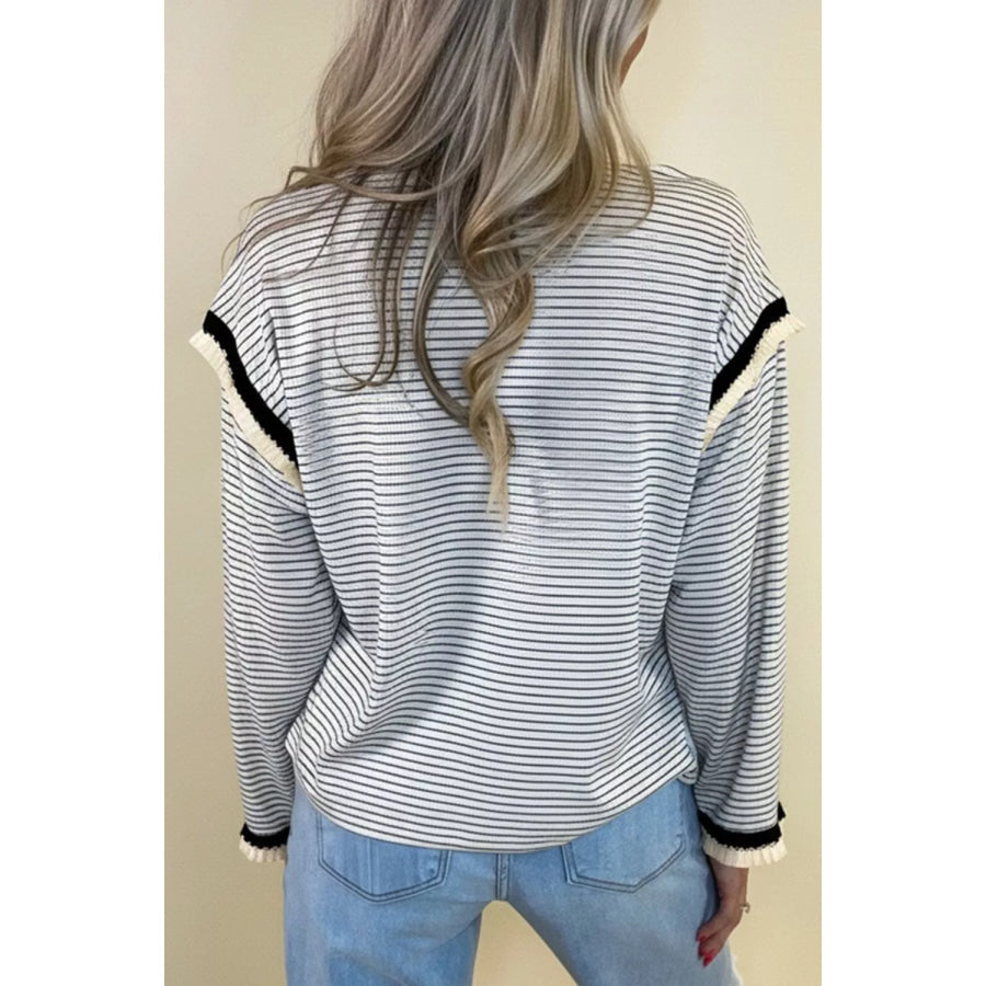 Stripe Contrasted Ruffle Trim Loose Long Sleeve Top Apparel and Accessories