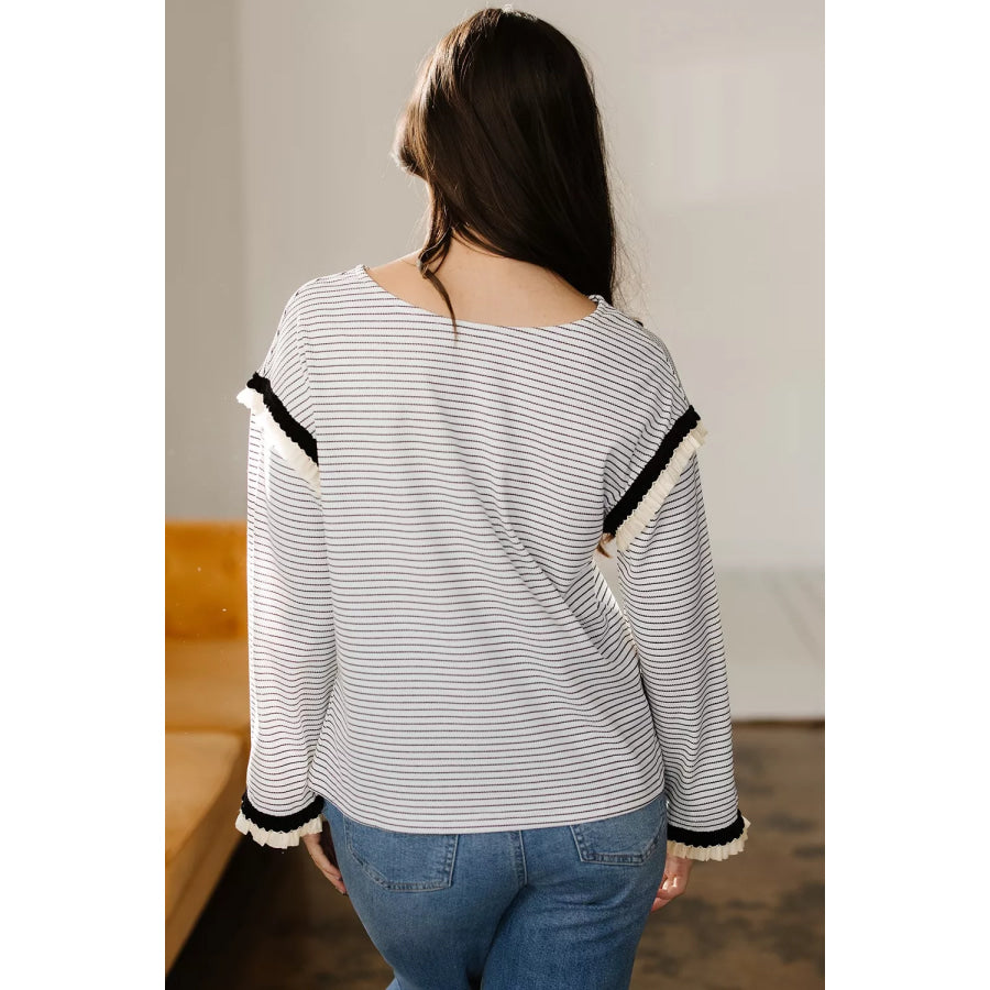 Stripe Contrasted Ruffle Trim Loose Long Sleeve Top Apparel and Accessories