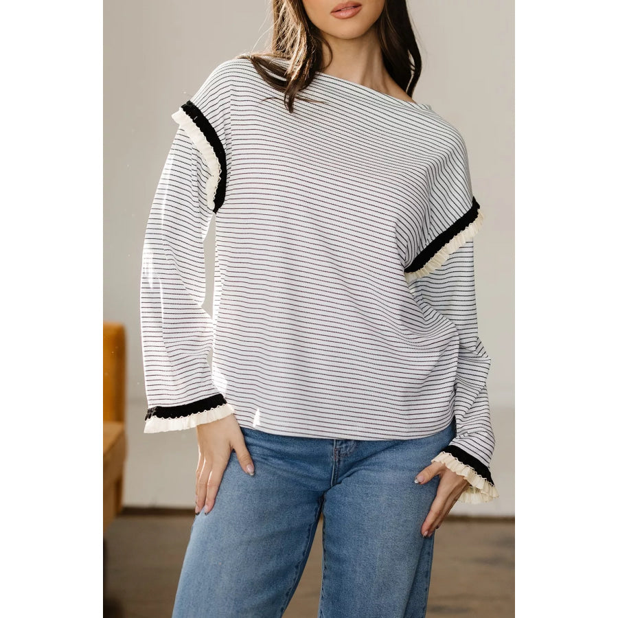 Stripe Contrasted Ruffle Trim Loose Long Sleeve Top Apparel and Accessories