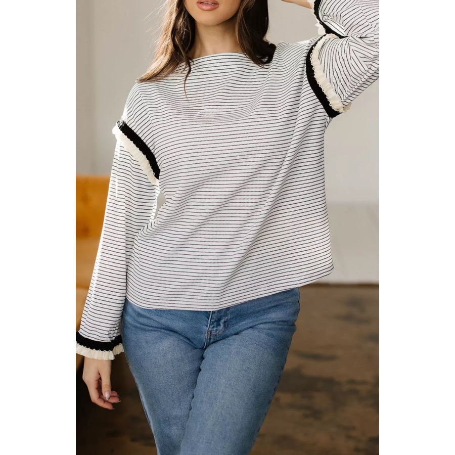 Stripe Contrasted Ruffle Trim Loose Long Sleeve Top Stripe / S Apparel and Accessories