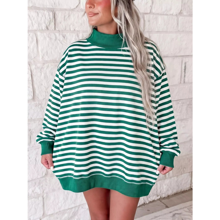 Stripe Cozy Mock Neck Oversized Tunic Sweatshirt Turquoise / S Apparel and Accessories