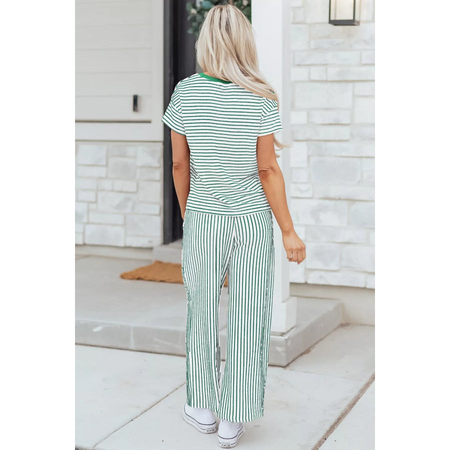 Stripe Crew Neck Tee Drawstring Waist Cropped Pants Set Apparel and Accessories
