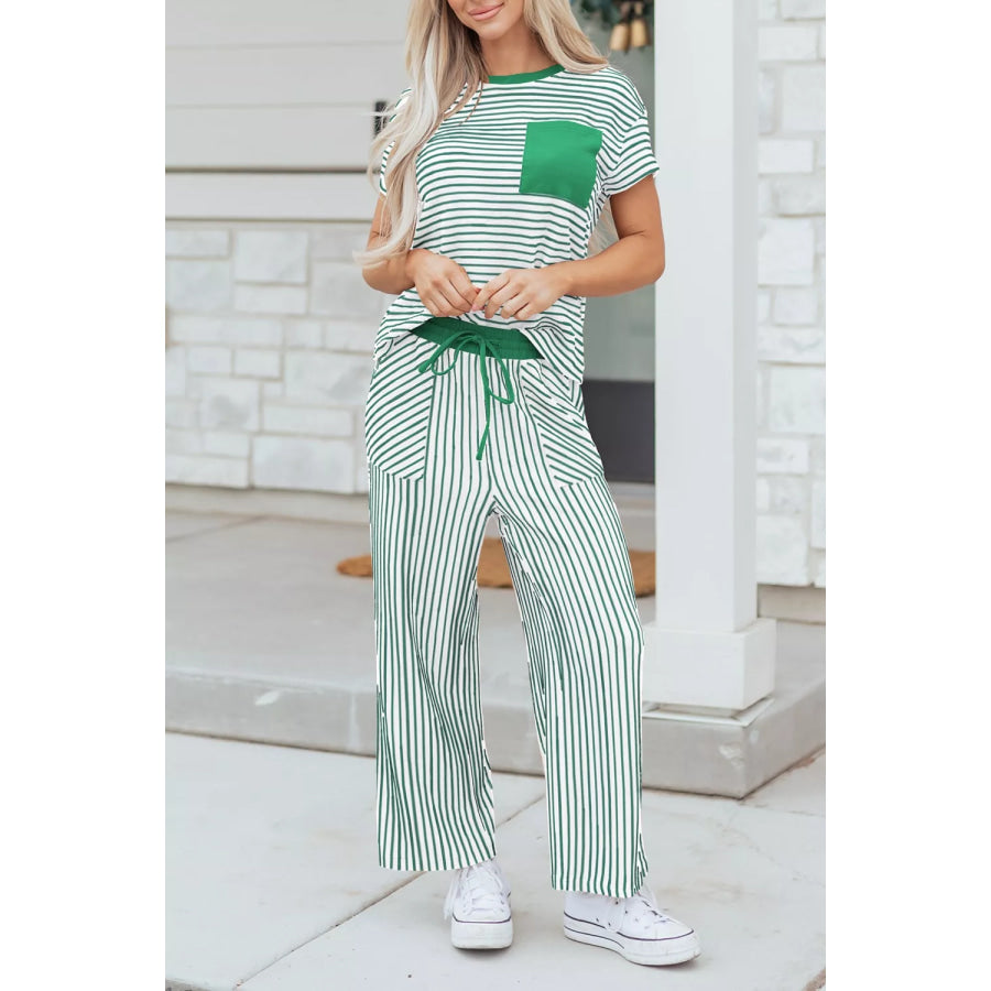 Stripe Crew Neck Tee Drawstring Waist Cropped Pants Set Apparel and Accessories
