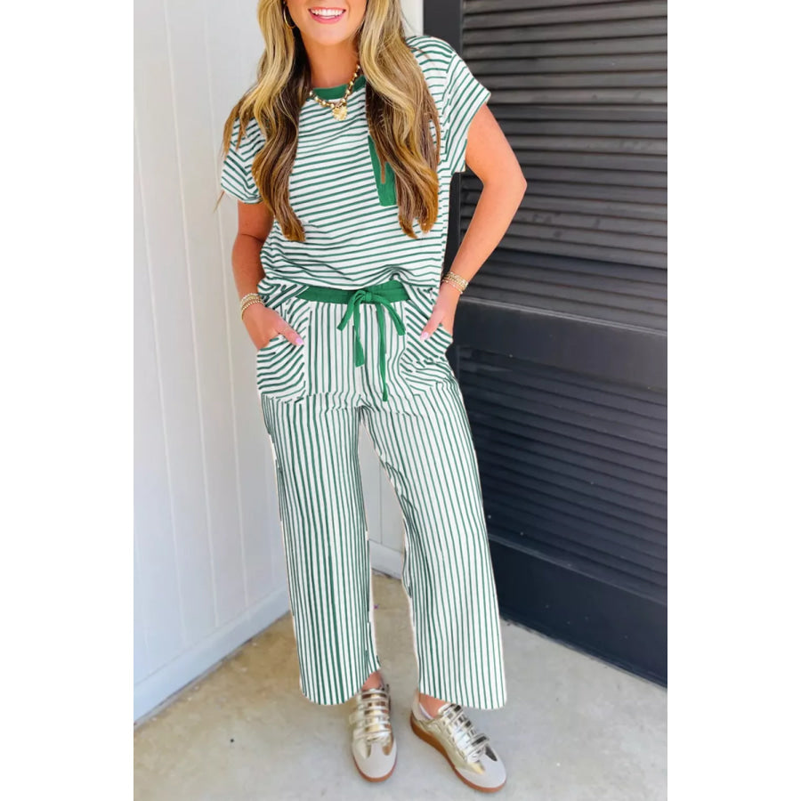 Stripe Crew Neck Tee Drawstring Waist Cropped Pants Set Green / S Apparel and Accessories