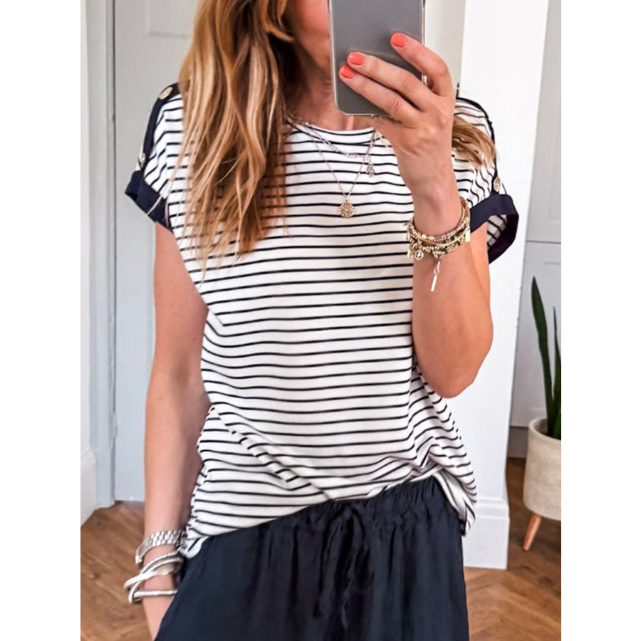 Stripe Cuffed Sleeve Button Decor Loose Tee Apparel and Accessories