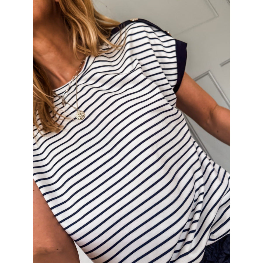 Stripe Cuffed Sleeve Button Decor Loose Tee Apparel and Accessories
